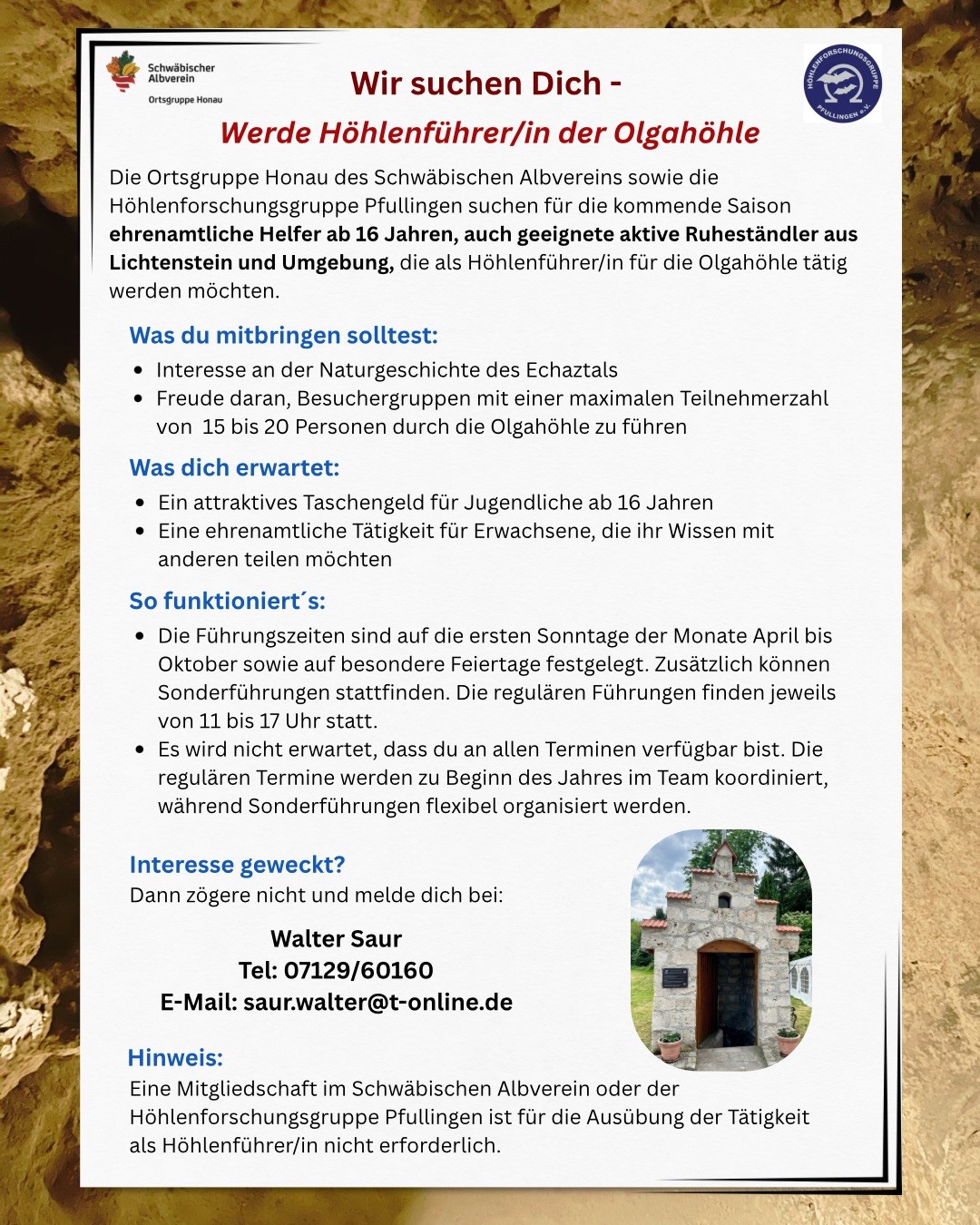 Höhlenführer für Olgahöhle gesucht